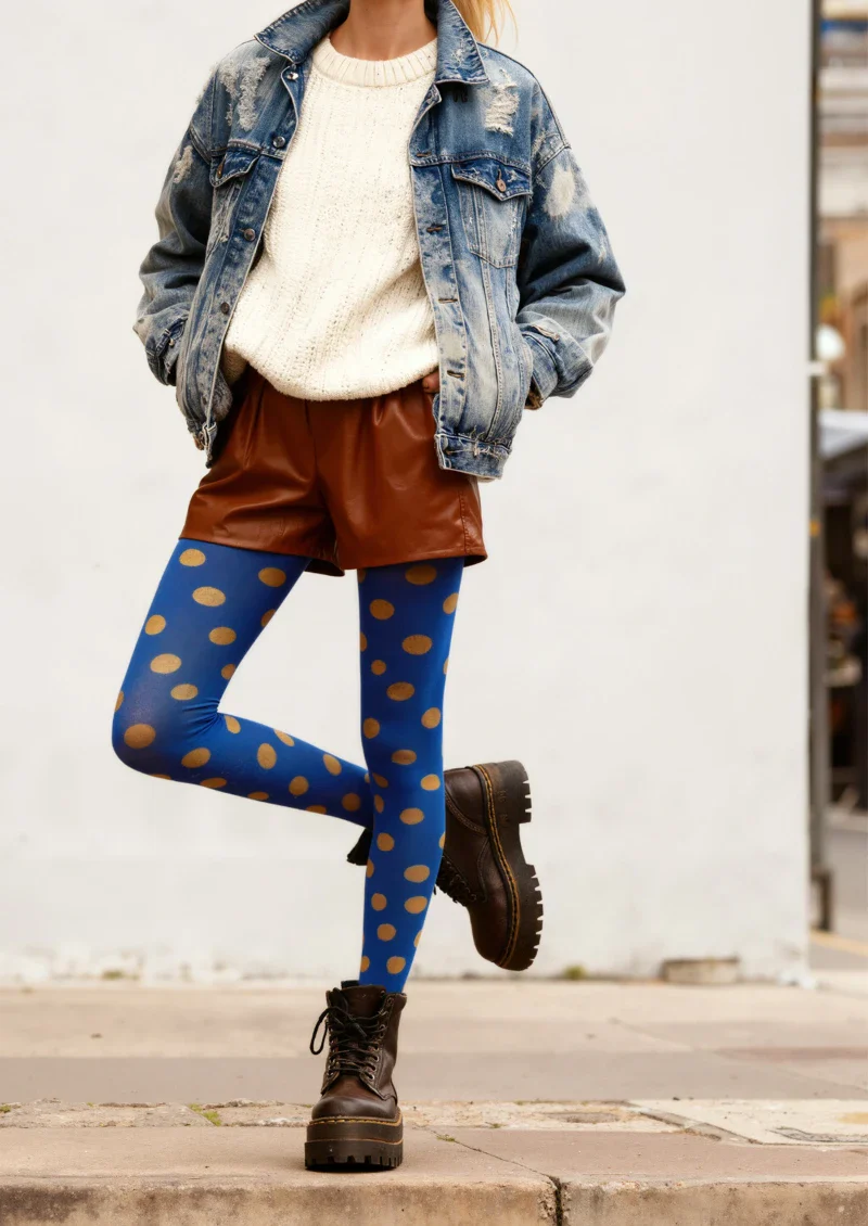 Viken Plan Blue Yellow Polka Dot Tights Hosiery Pantyhose - Image 2