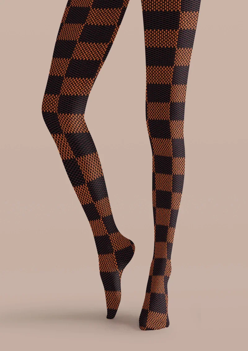 Viken Plan Brown Black Check Tights Hosiery Pantyhose