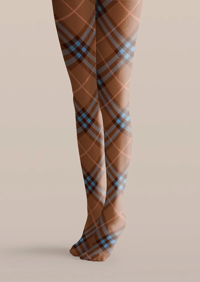 Viken Plan Brown-blue Maillard Check Tights Hosiery Pantyhose