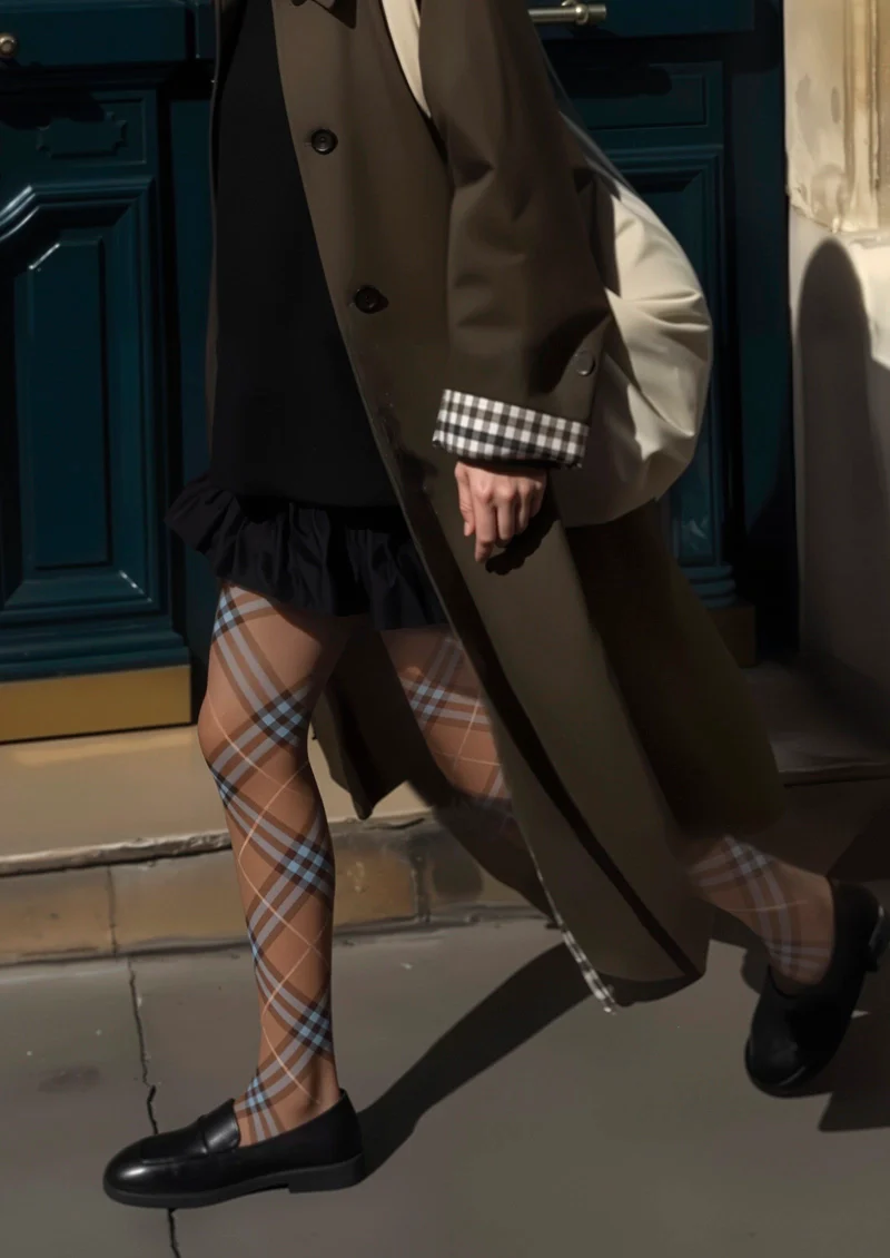 Viken Plan Brown-blue Maillard Check Tights Hosiery Pantyhose - Image 2