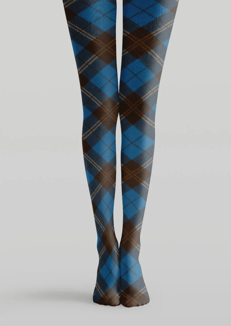 Viken Plan Blue & Brown Argyle Tights Hosiery Pantyhose - Image 3