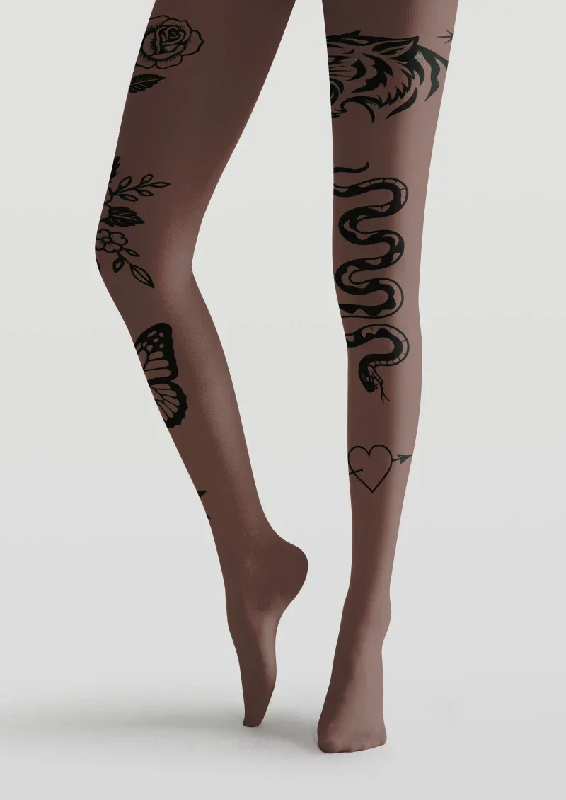 Viken Plan Brown Floral Tattoo Graphic Tights Hosiery Pantyhose - Image 5