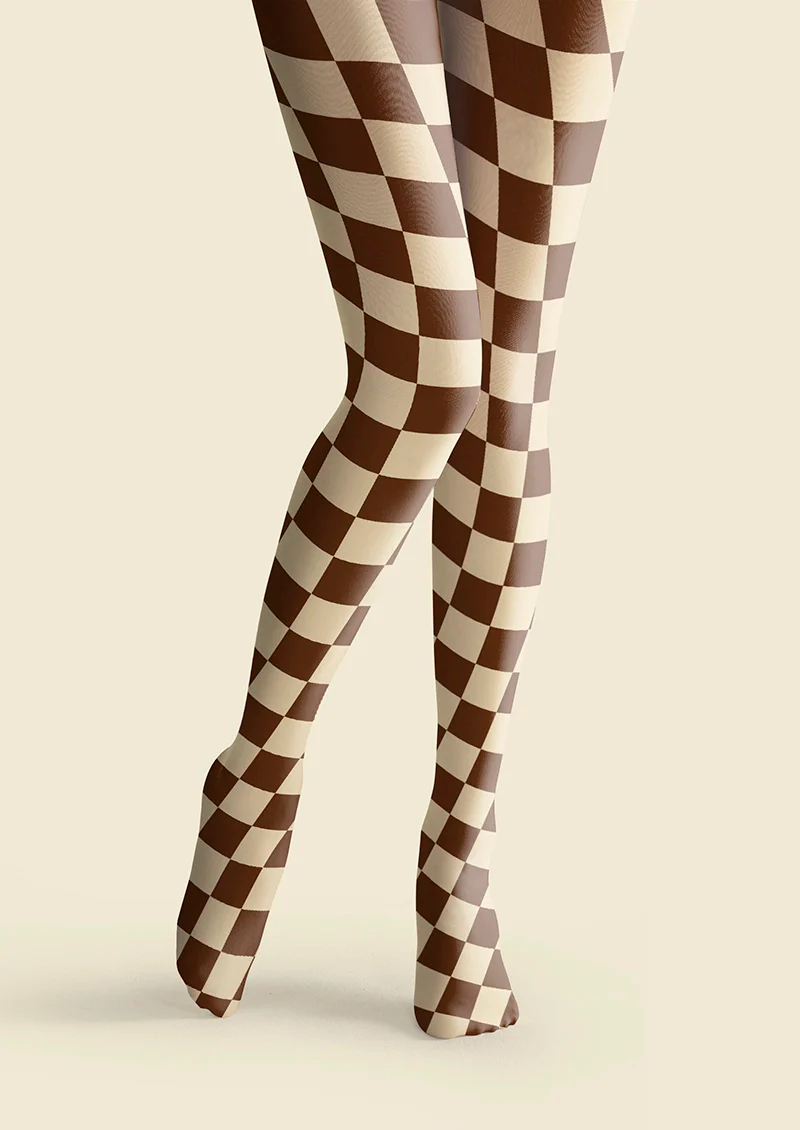Viken Plan Brown-pale Yellow Checkered Tights Hosiery Pantyhose - Image 3