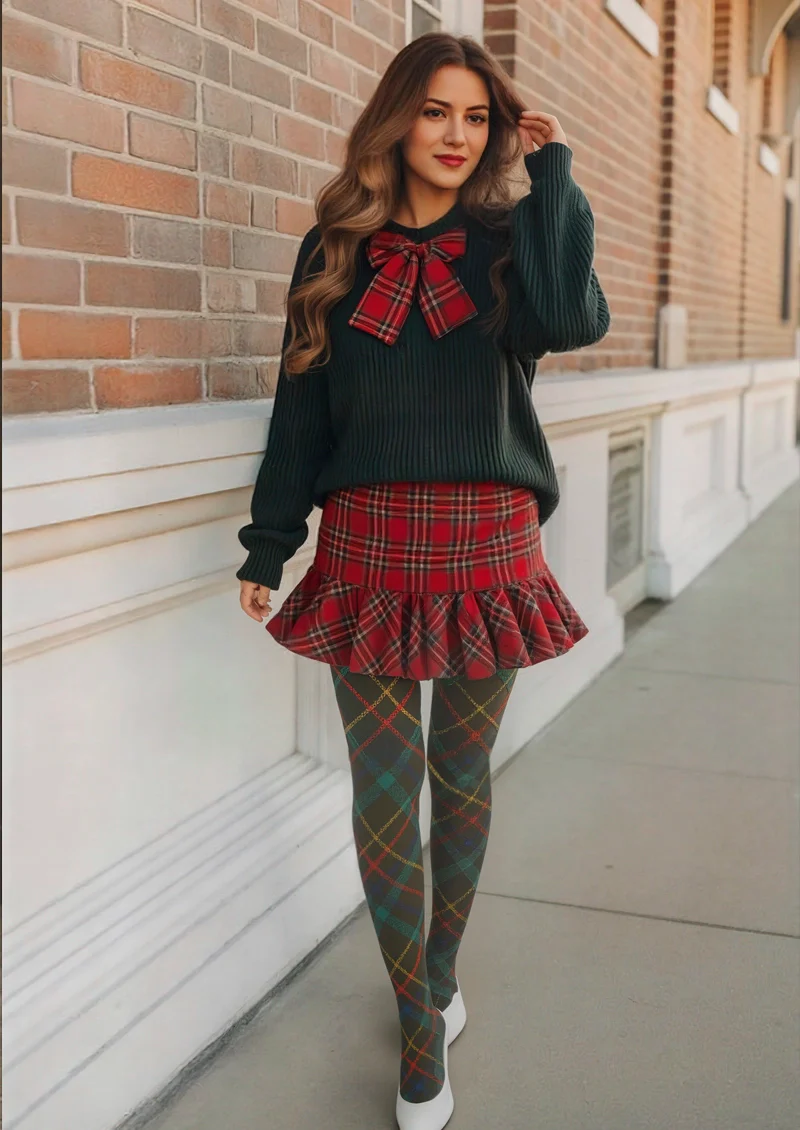 Viken Plan Christmas Dark green stripes Checked Tights Hosiery Pantyhose - Image 2