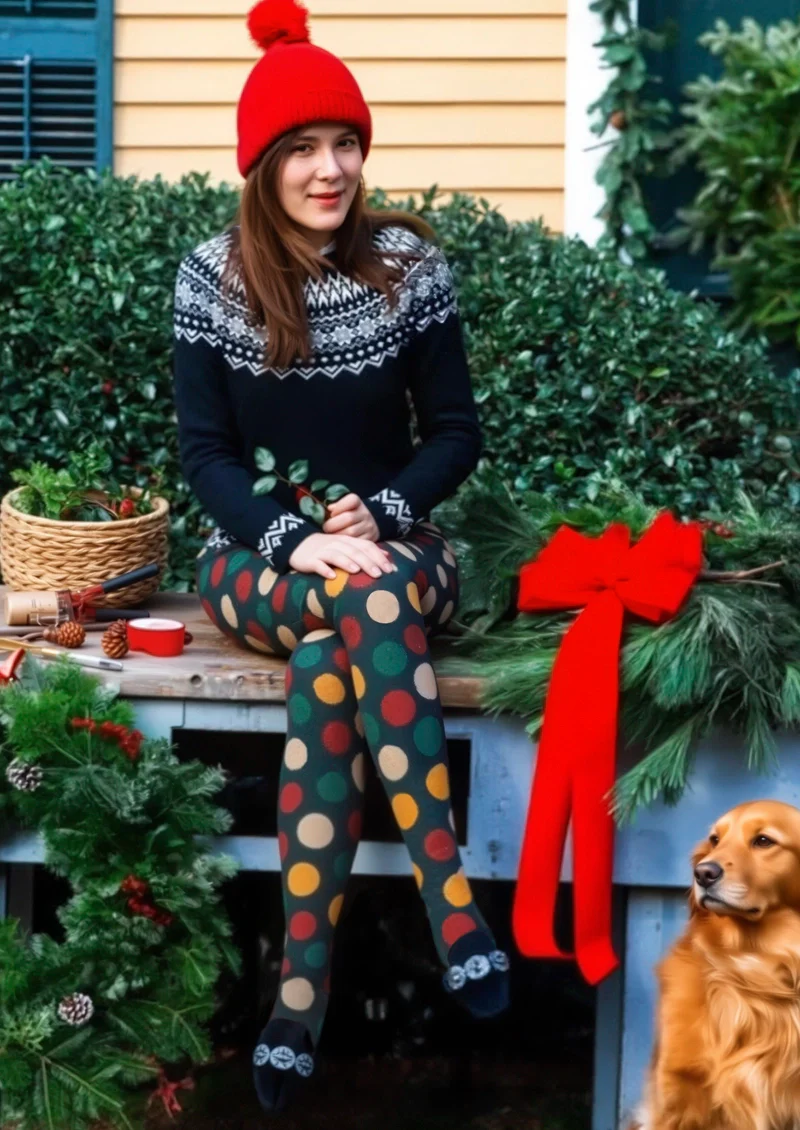 Viken Plan Christmas green polka dots Tights Hosiery Pantyhose - Image 2