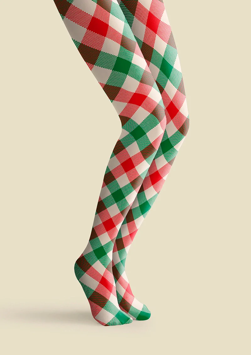 Viken Plan Christmas red-green stripes Checked pattern Tights Hosiery Pantyhose - Image 3