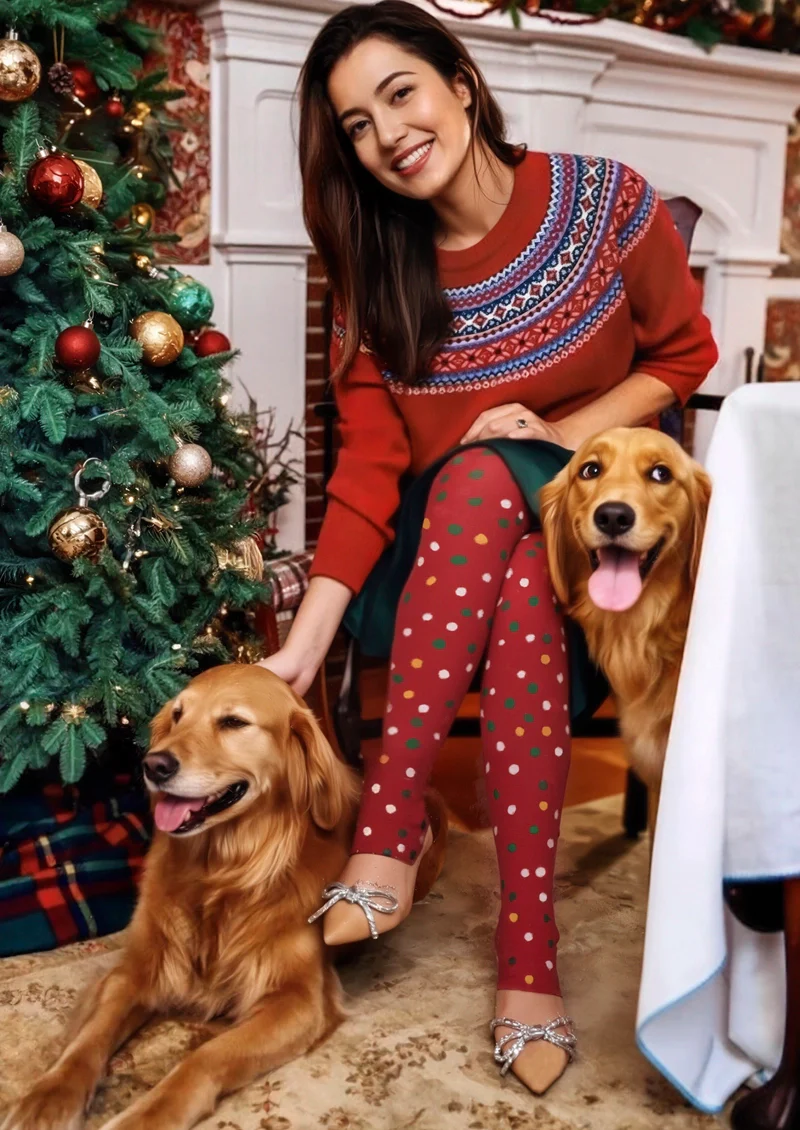 Viken Plan Christmas Red polka dots Tights Hosiery Pantyhose - Image 2