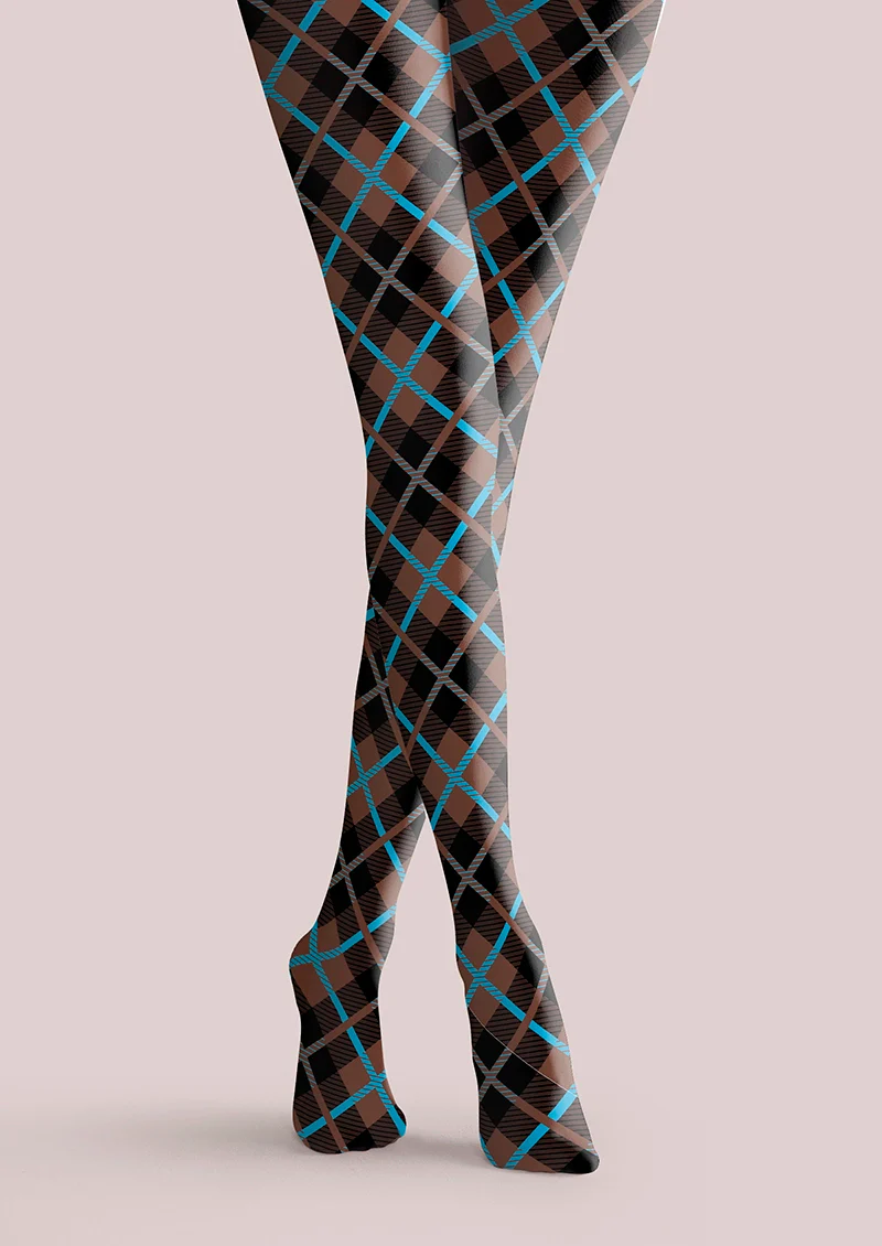 Viken Plan Brown Blue Check College Tights Hosiery Pantyhose - Image 3
