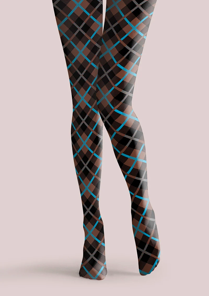 Viken Plan Brown Blue Check College Tights Hosiery Pantyhose - Image 4