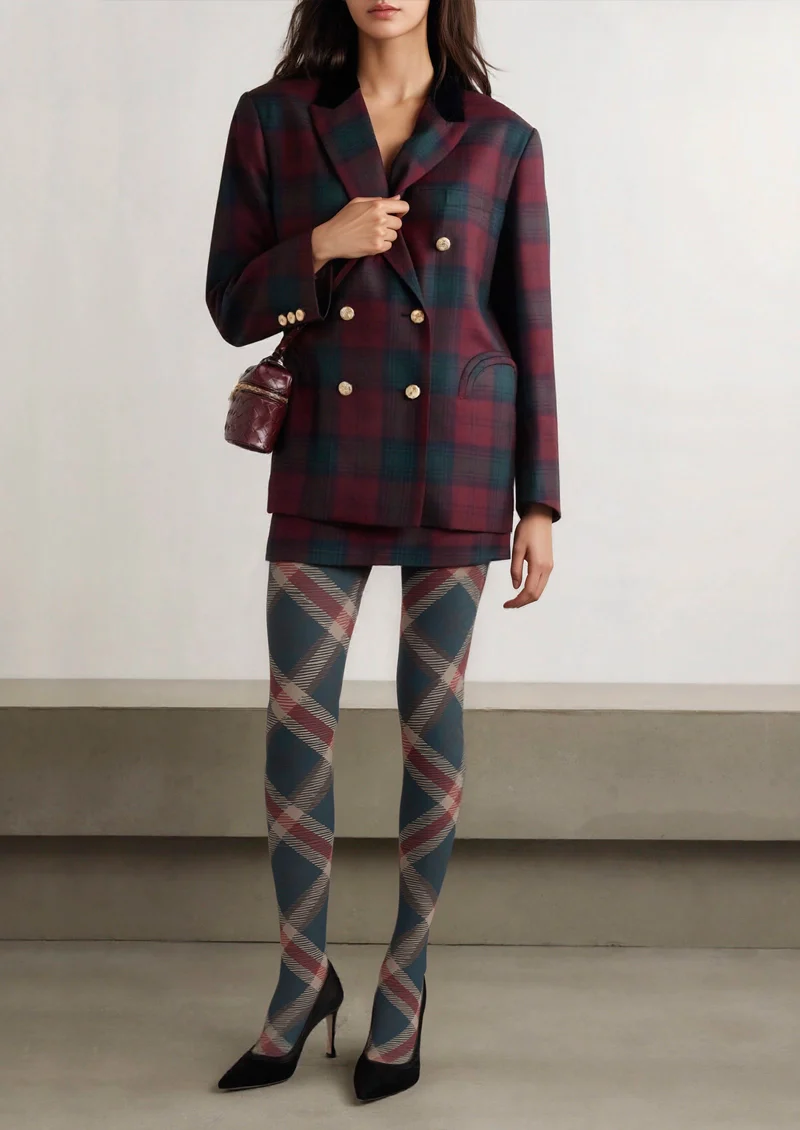 Viken Plan Deep Blue-khaki-red Striped Check Tights Hosiery Pantyhose - Image 2
