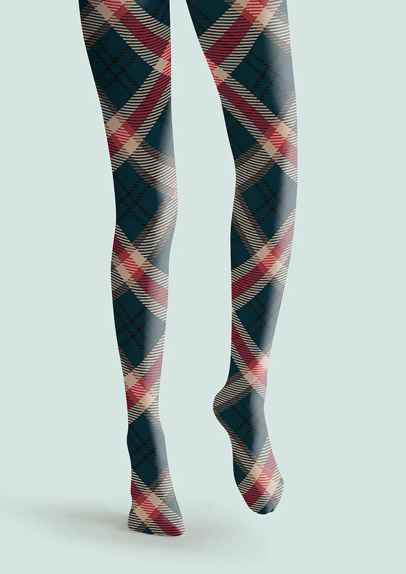 Viken Plan Deep Blue-khaki-red Striped Check Tights Hosiery Pantyhose - Image 3