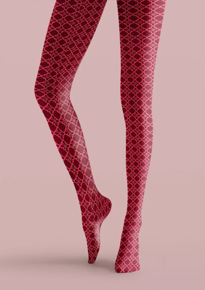 Viken Plan Crimson Quatrefoil Pattern Tights Hosiery Pantyhose