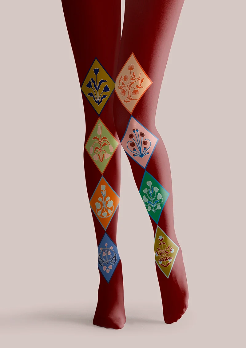 Viken Plan  Burgundy Floral Diamond Pattern Tights Hosiery Pantyhose