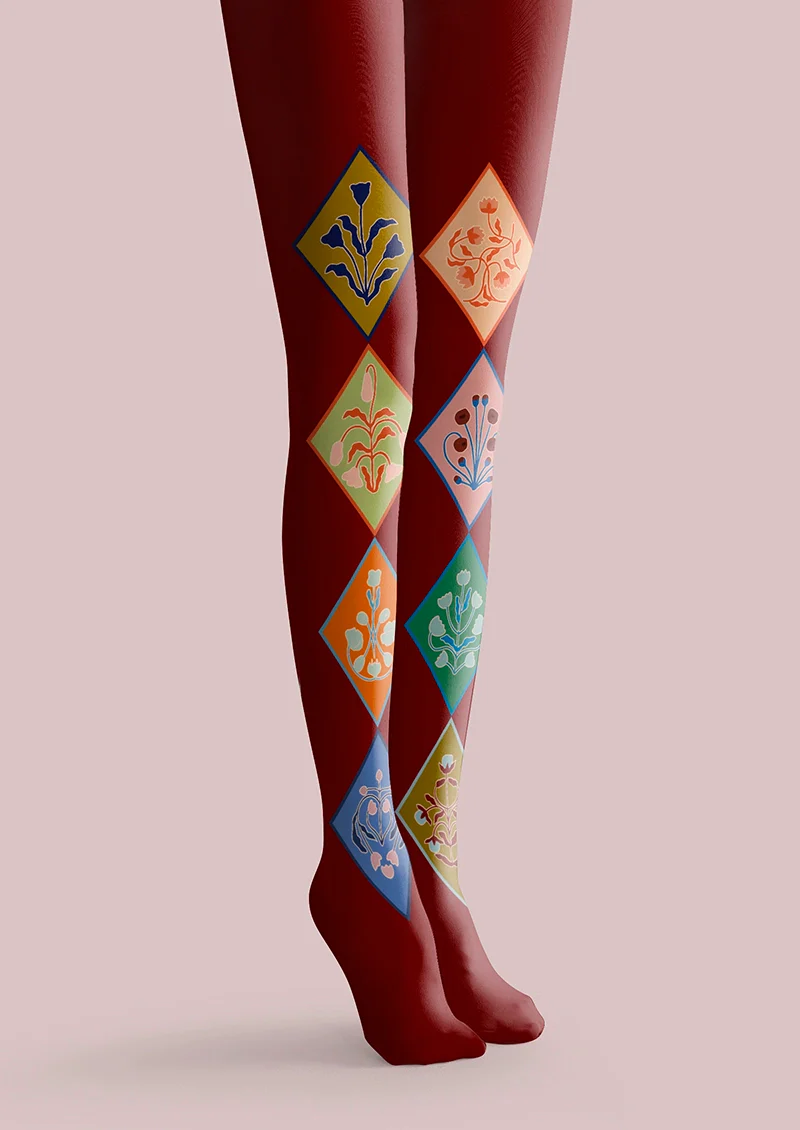 Viken Plan  Burgundy Floral Diamond Pattern Tights Hosiery Pantyhose - Image 3