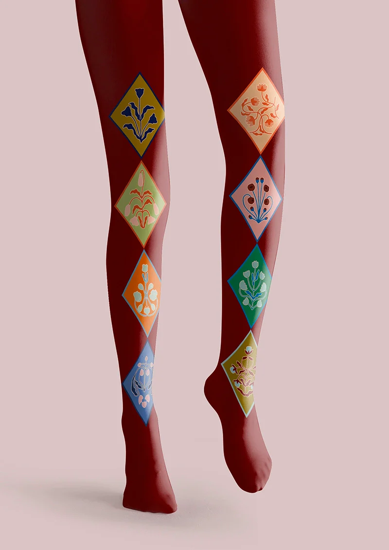 Viken Plan  Burgundy Floral Diamond Pattern Tights Hosiery Pantyhose - Image 4