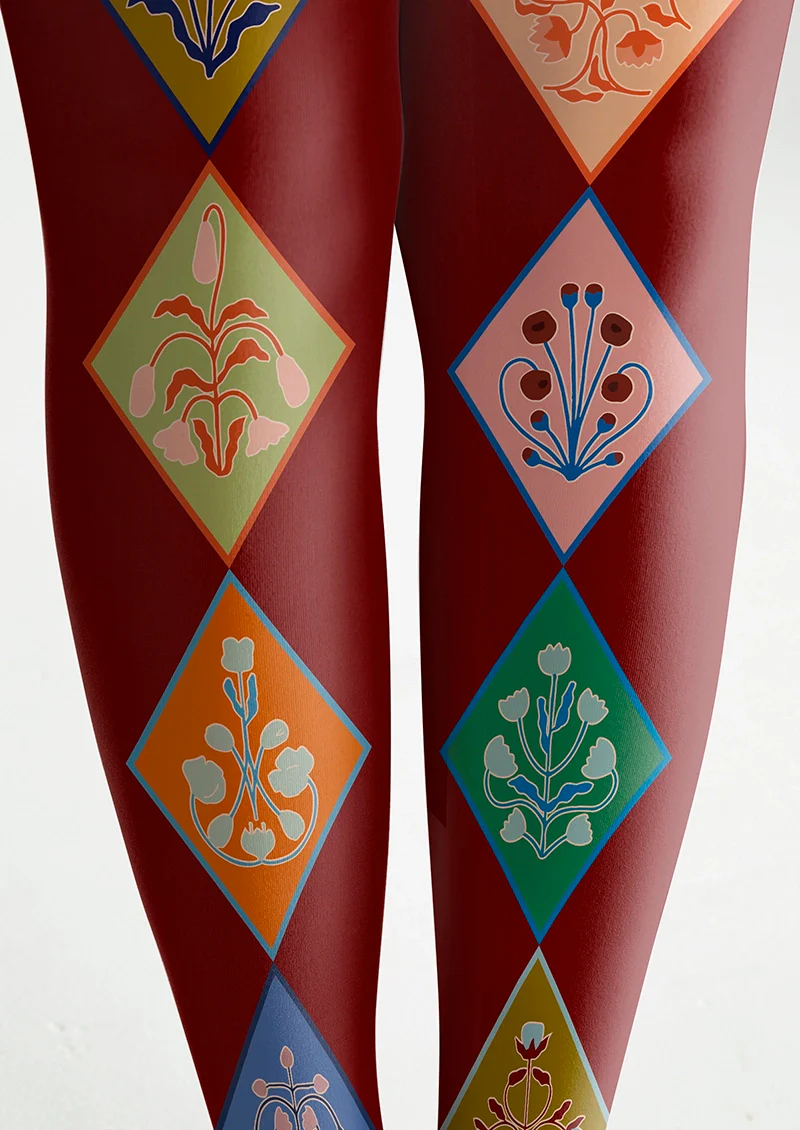 Viken Plan  Burgundy Floral Diamond Pattern Tights Hosiery Pantyhose - Image 6