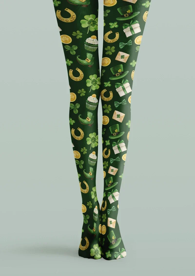 Viken Plan Green Gold Clover Graphic Tights Hosiery Pantyhose