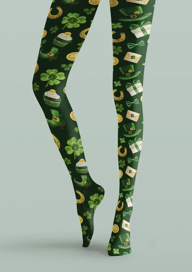 Viken Plan Green Gold Clover Graphic Tights Hosiery Pantyhose - Image 5