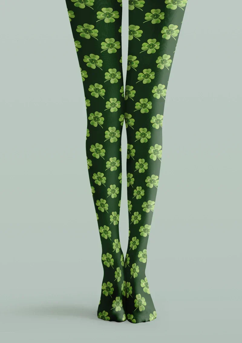 Viken Plan Green White Clover Graphic Tights Hosiery Pantyhose