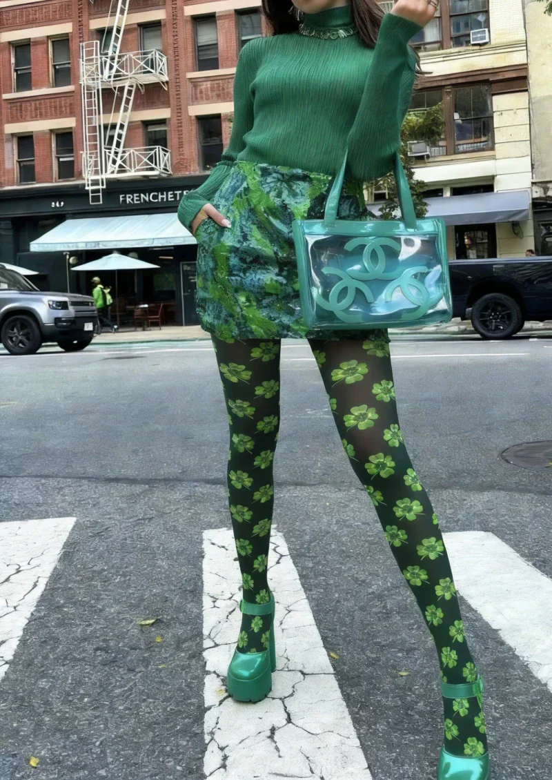 Viken Plan Green White Clover Graphic Tights Hosiery Pantyhose - Image 2