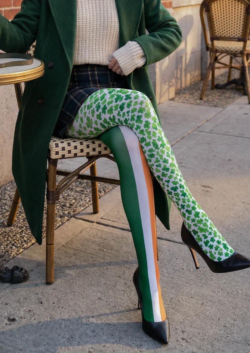 Viken Plan Green White Clover Striped Tights Hosiery Pantyhose - Image 2