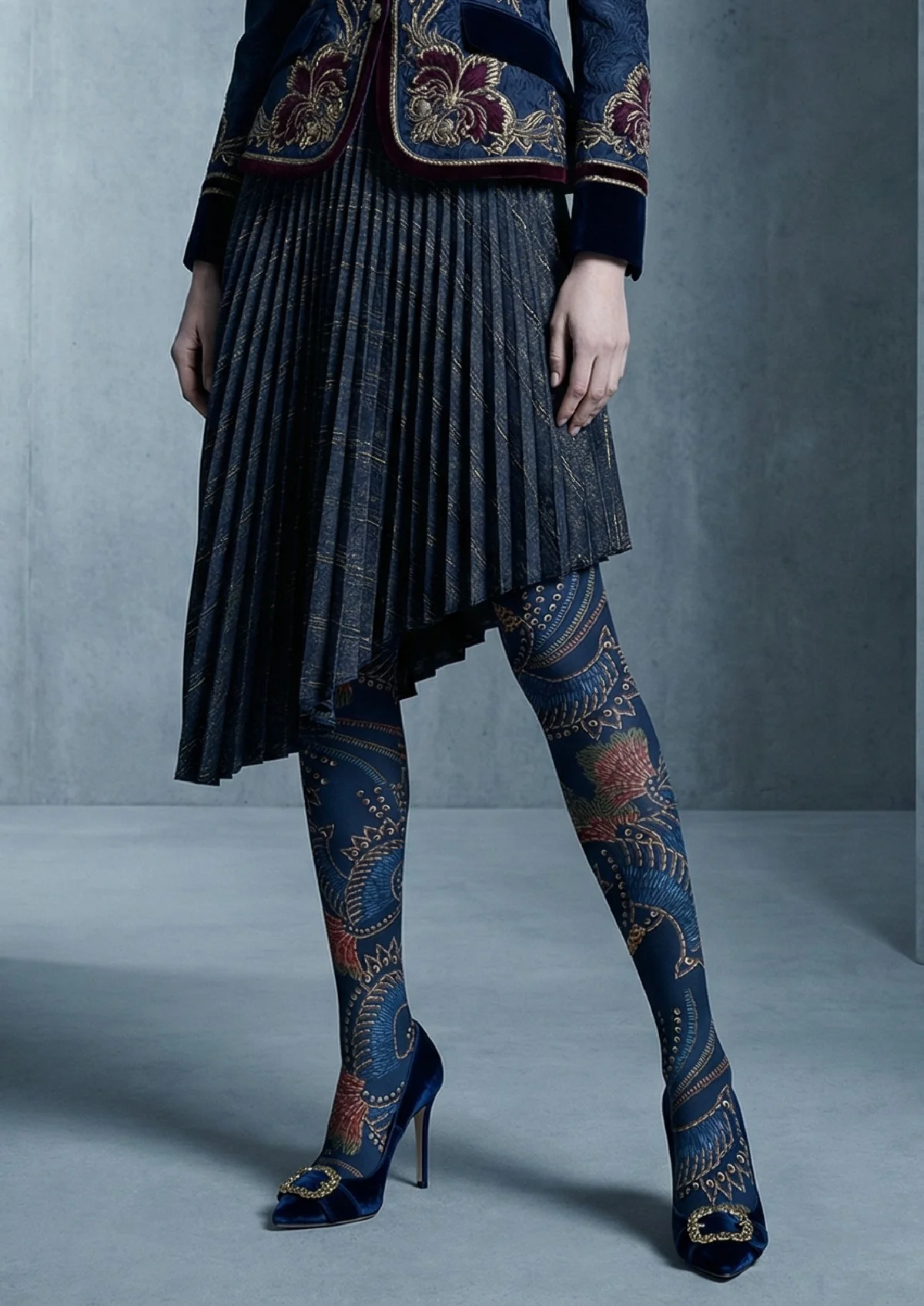 Viken Plan Navy Floral Print Tights Hosiery Pantyhose - Image 2