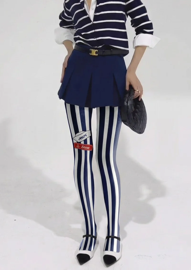 Viken Plan Navy White Vertical Striped Tights Hosiery Pantyhose - Image 2