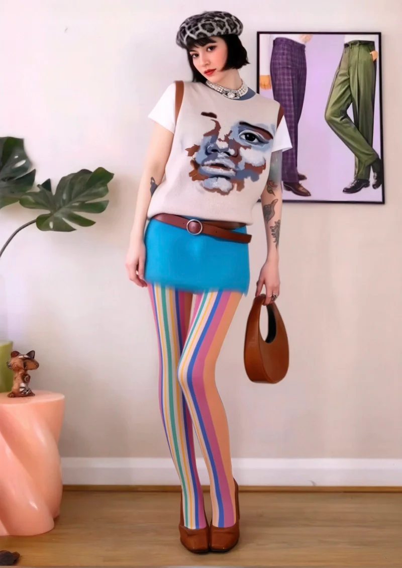 Viken Plan Neon Stripes Tights Hosiery Pantyhose - Image 2