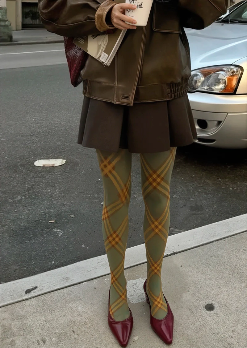 Viken Plan Olive green Maillard Check Tights Hosiery Pantyhose - Image 2