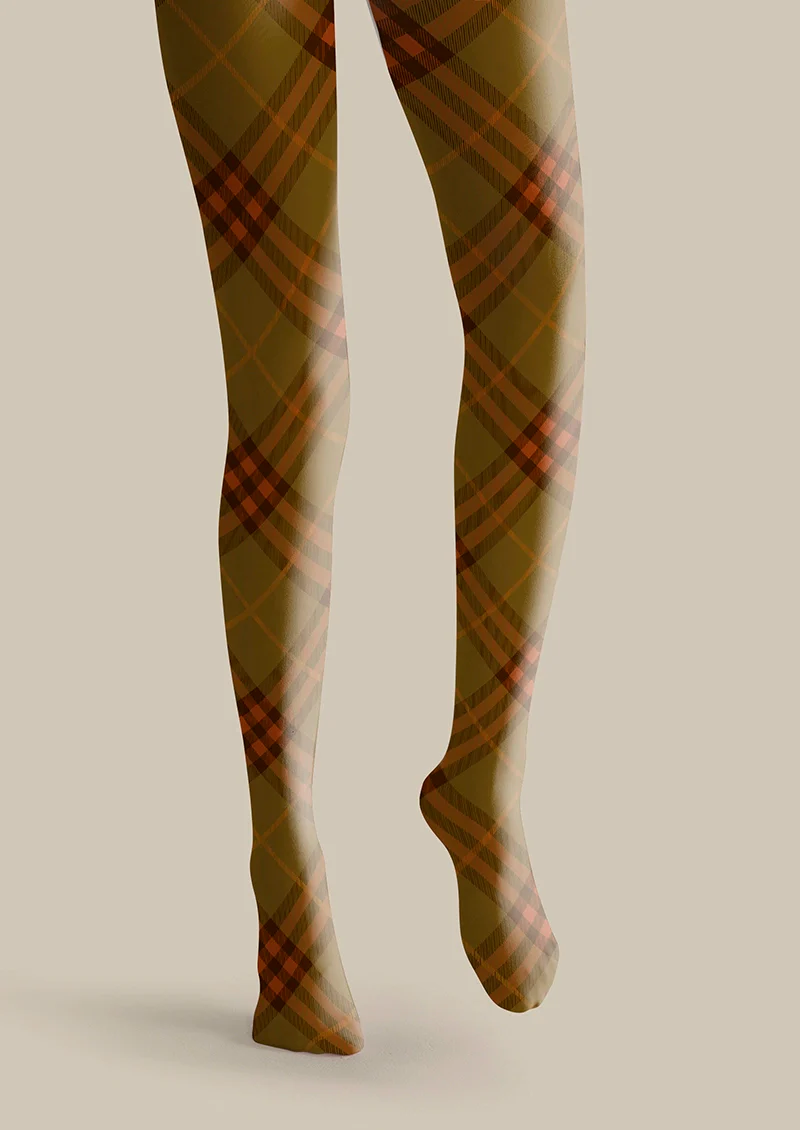 Viken Plan Olive green-Orange Maillard  Check Tights Hosiery Pantyhose