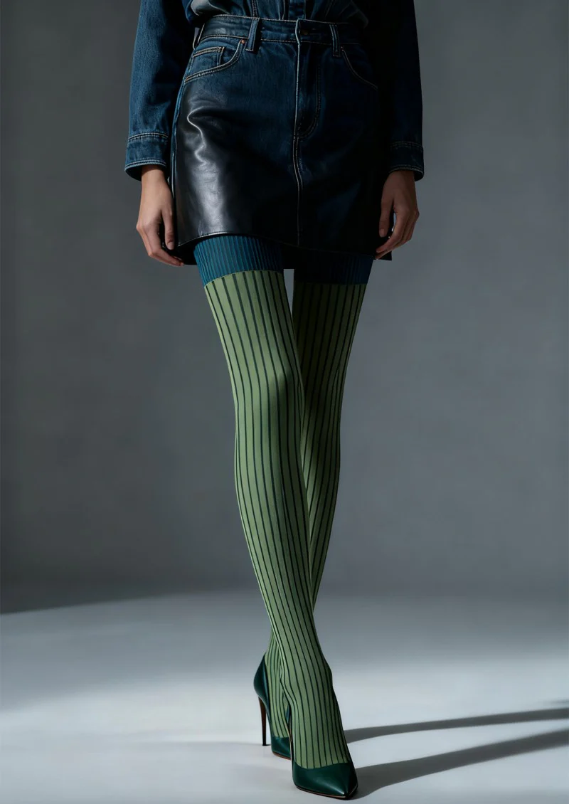 Viken Plan Olive Vertical Striped Tights Hosiery Pantyhose - Image 2
