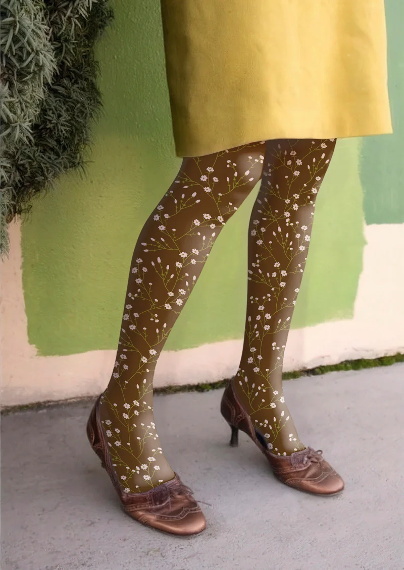 Viken Plan Brown Dainty florals Tights Hosiery Pantyhose - Image 2