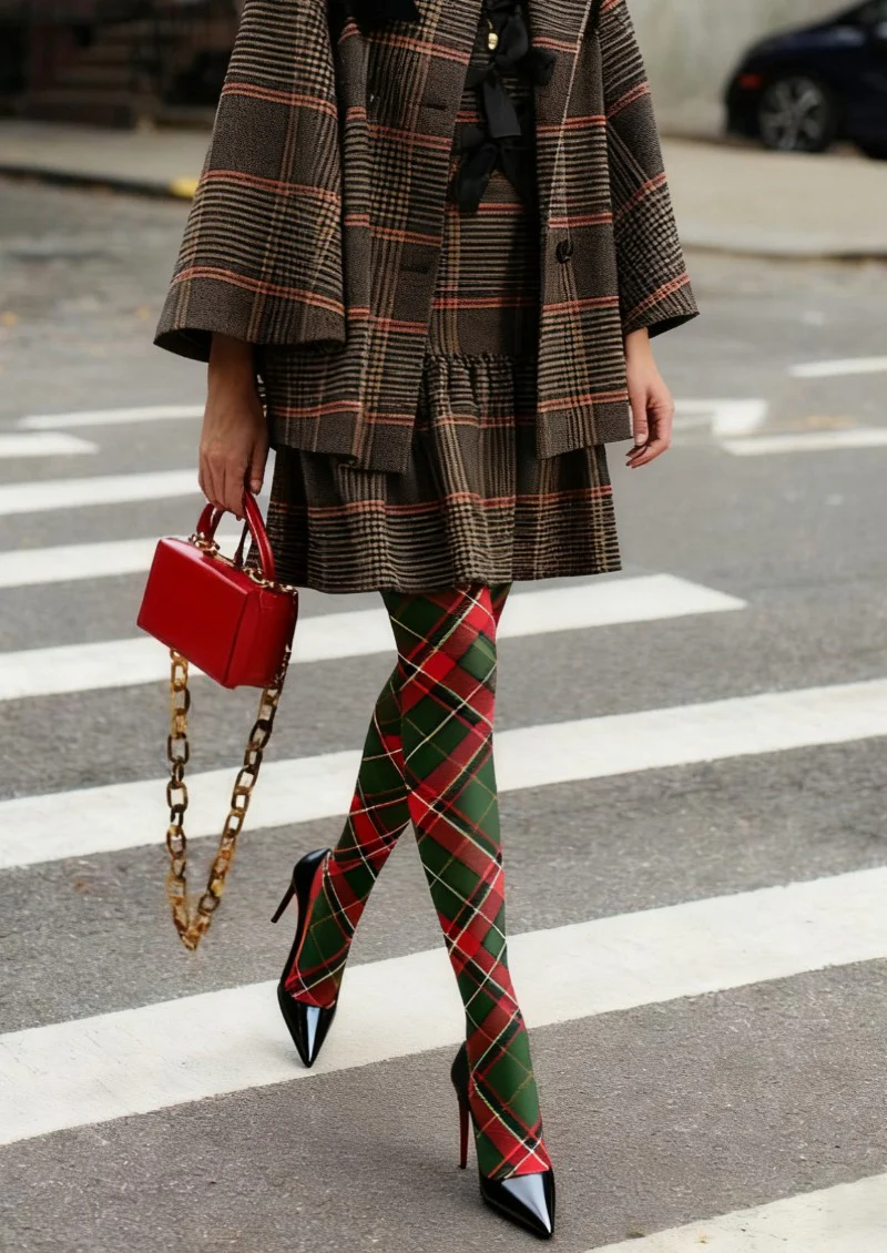 Viken Plan Plaid Red Green Tights Hosiery Pantyhose - Image 2