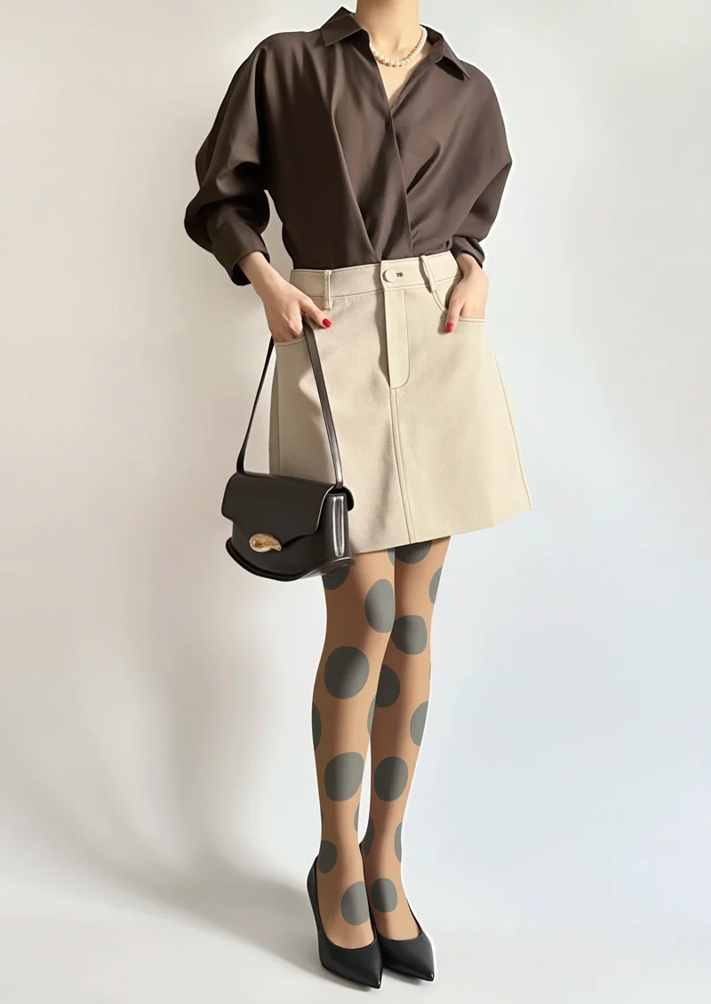 Viken Plan Brown-Olive green Morandi  polka dots Memory Tights Hosiery Pantyhose - Image 2