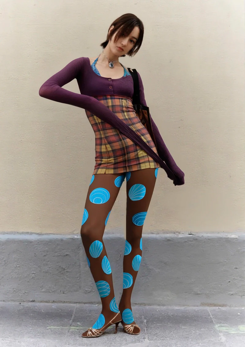 Viken Plan PopArt Print Tights Color Pantyhose/Tights [Brown & Sky Blue Polka Dots] - Image 3