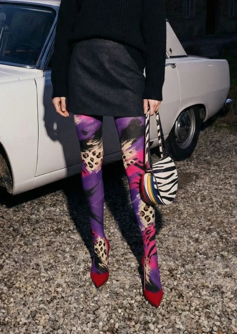 Viken Plan Purple Pink Skull Graphic Tights Hosiery Pantyhose - Image 2