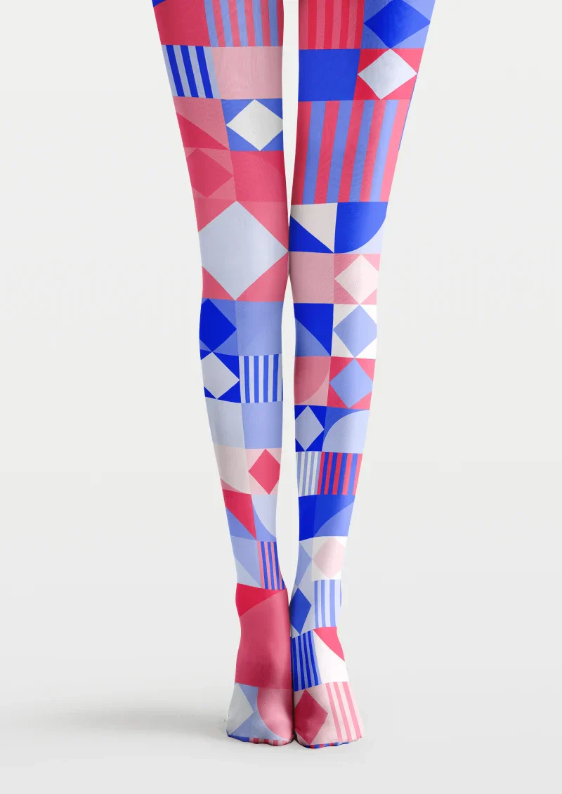 Viken Plan Red Blue Geometric Patchwork Tights Hosiery Pantyhose