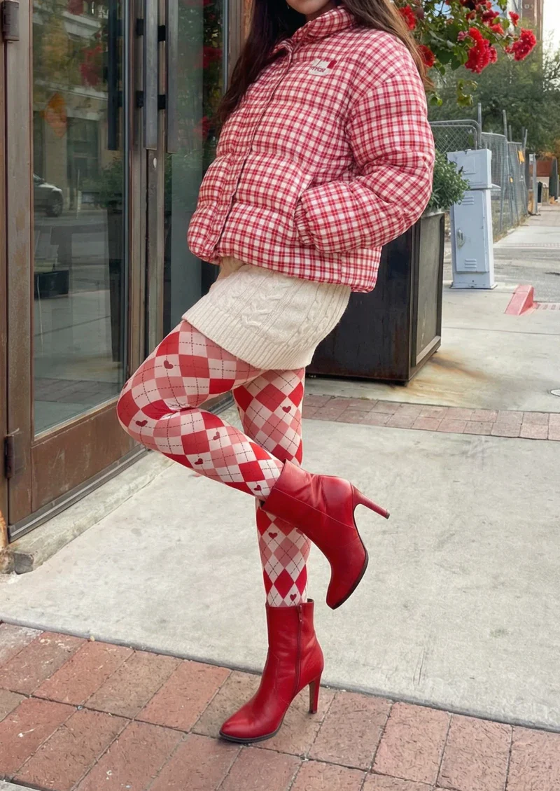 Viken Plan Red White Argyle Tights Hosiery Pantyhose - Image 2