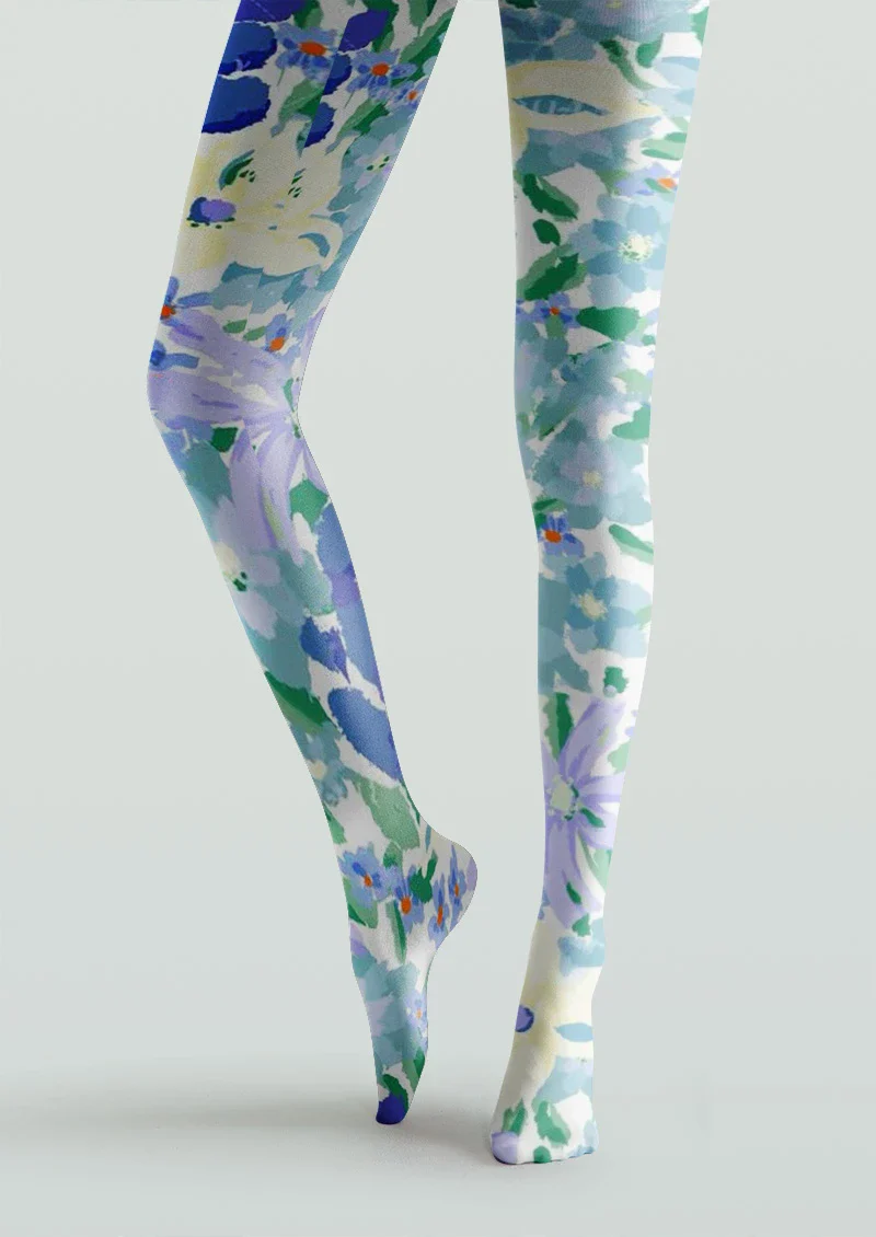Viken Plan Watercolor Blue Floral Tights Hosiery Pantyhose - Image 4