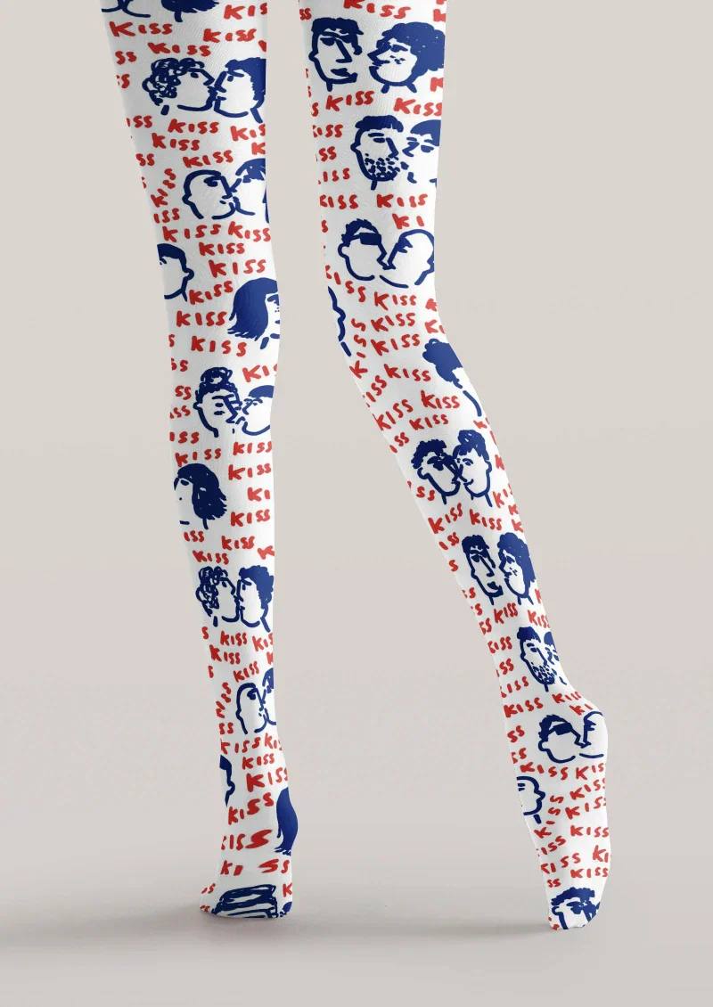 Viken Plan White Blue Red Cartoon Graphic Tights Hosiery Pantyhose