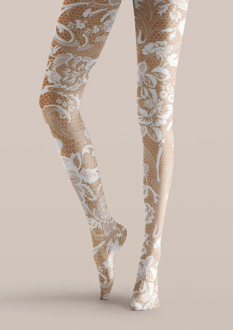 Viken Plan White Lace Floral Print Tights Hosiery Pantyhose - Image 3