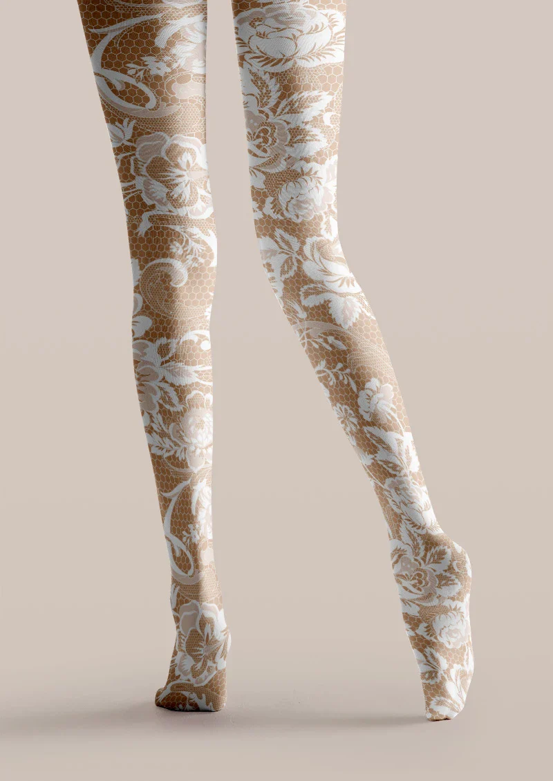 Viken Plan White Lace Floral Print Tights Hosiery Pantyhose - Image 4