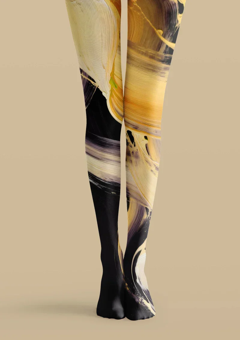 Viken Plan Yellow Black Abstract Art Tights Hosiery Pantyhose