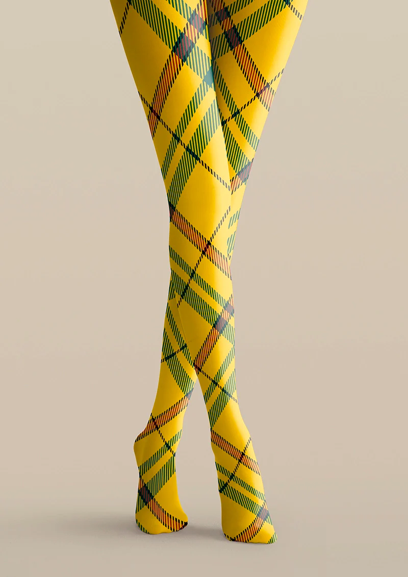 Viken Plan Yellow Striped Check Tights Hosiery Pantyhose