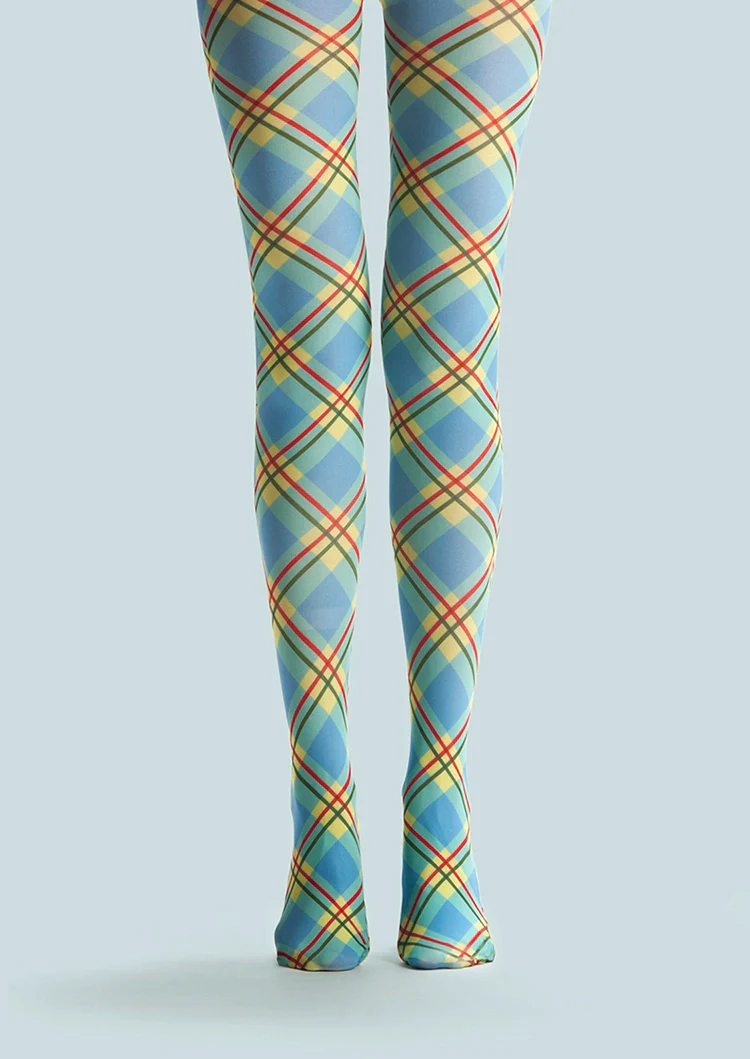 Viken Plan College Art Print Tights Colored stripes Pantyhose/Tights [Sky blue check] - Image 3