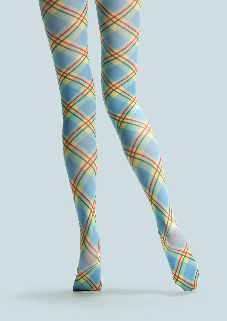 Viken Plan College Art Print Tights Colored stripes Pantyhose/Tights [Sky blue check] - Image 4