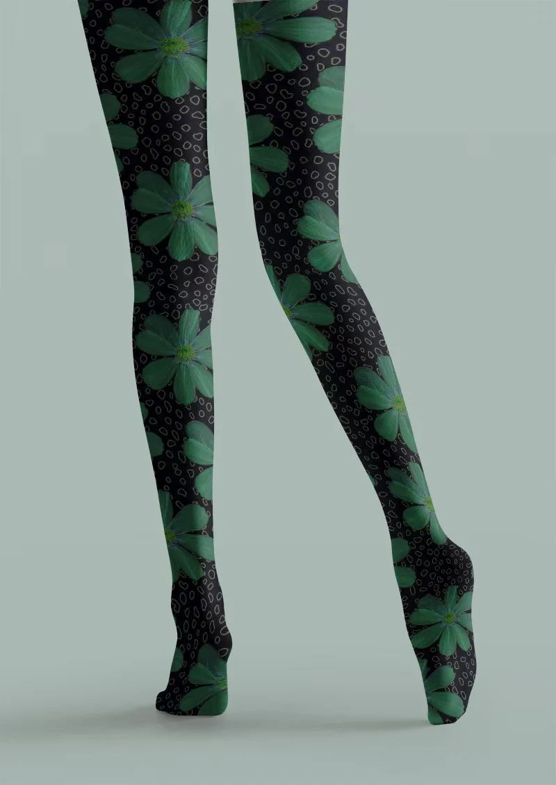 Viklen Plan Black Green Floral Tights Hosiery Pantyhose - Image 3