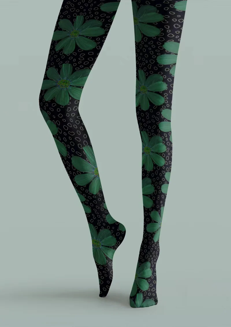 Viklen Plan Black Green Floral Tights Hosiery Pantyhose - Image 4