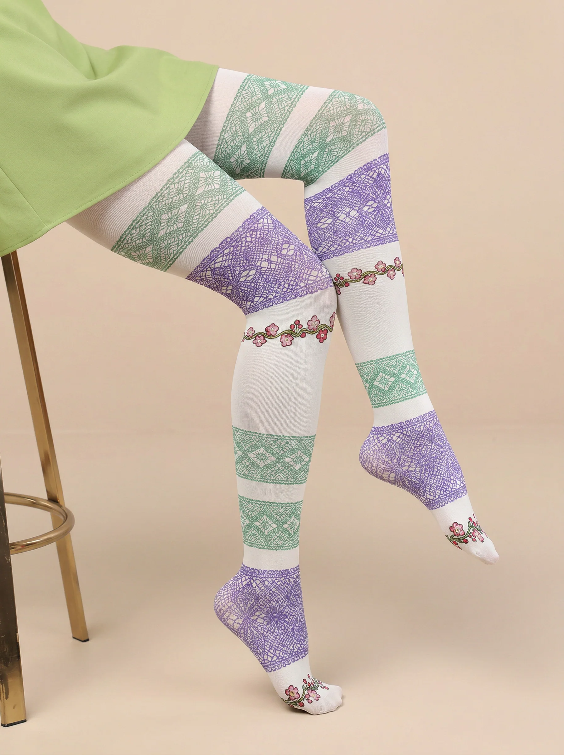 Viken plan Green Purple Lace Floral Print Tights Hosiery Pantyhose - Image 2