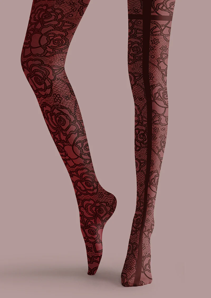 Viklen plan Red Rose Lace Back Seam Tights Hosiery Pantyhose - Image 4